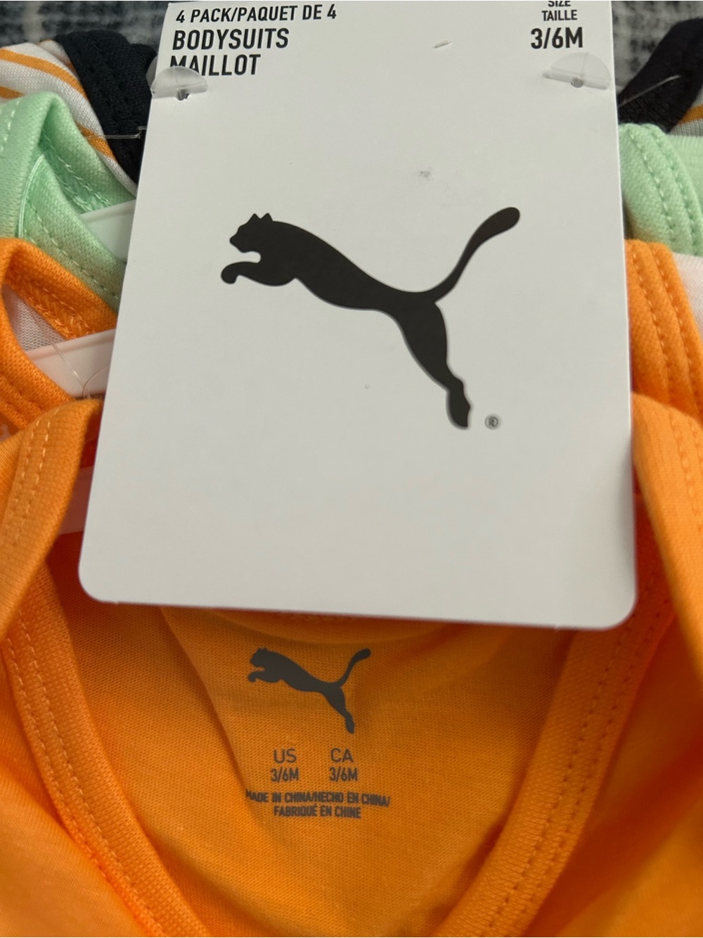 ✅ Puma Baby 4-Pack Bodysuits 3-6M NWT Orange Mint Stripe All-Over Print Logo - Picture 9 of 9